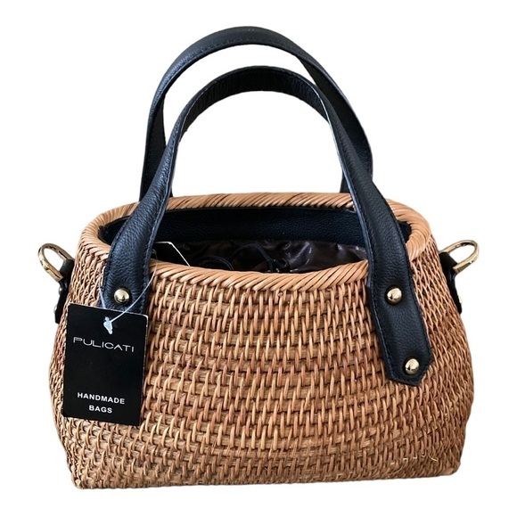 PULICATI Hand Crafted NWT Leather Trim Rattan Satchel Women's Bag - Picture 2 of 10